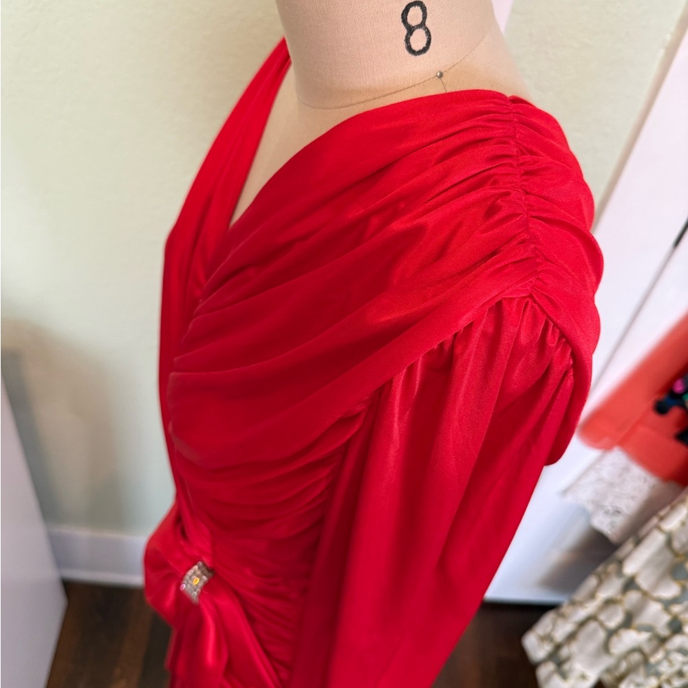 Vintage Red Draped Cocktail Dress Ruched Bodice Large - Picture 6 of 14